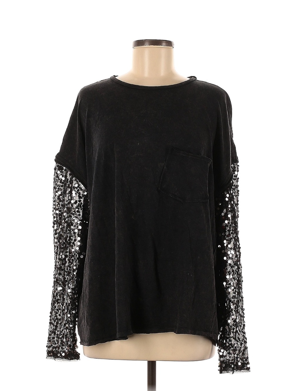 Free People Celine Tee Black Sequin Mesh Sleeve Oversized Top M